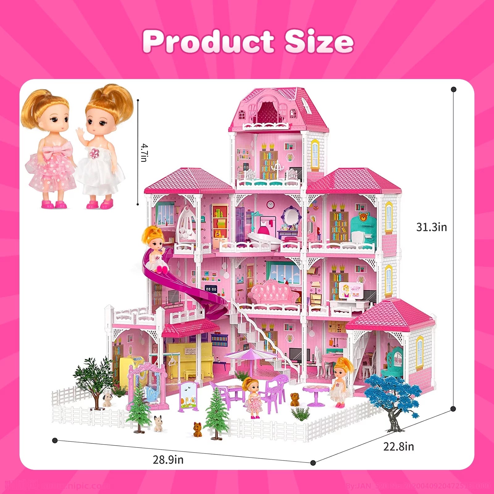 4 Stories 12 Rooms Dollhouse with 2 Princesses Slide Accessories L1679