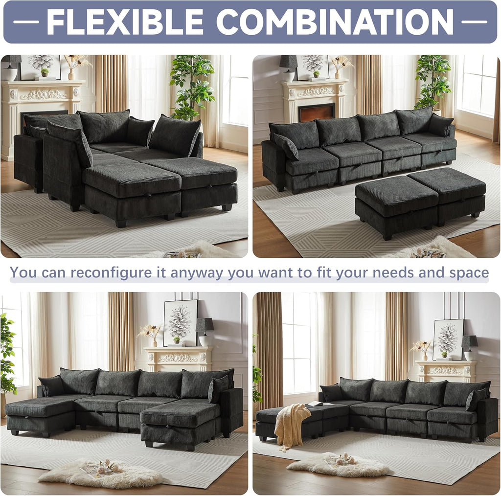 Black Corduroy Modular Sectional Sofa with Storage Y732