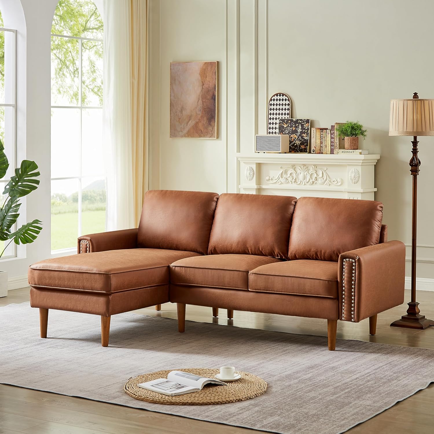 Brown L-Shape Sofa Couch with Suede Fabric H9648