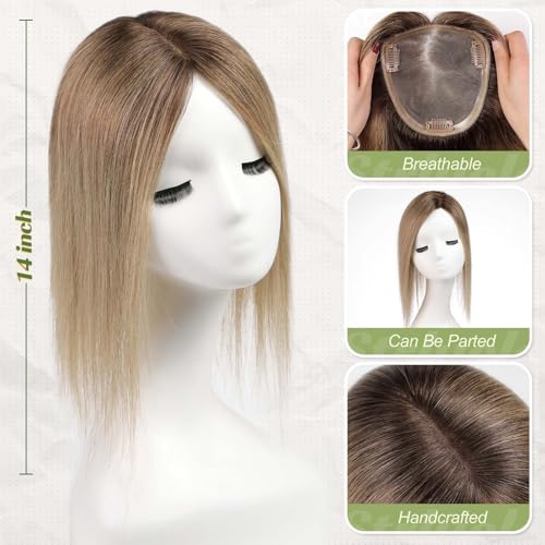 14 inch Real Human Hair Topper with Bangs Medium Brown Dark Blonde K789062