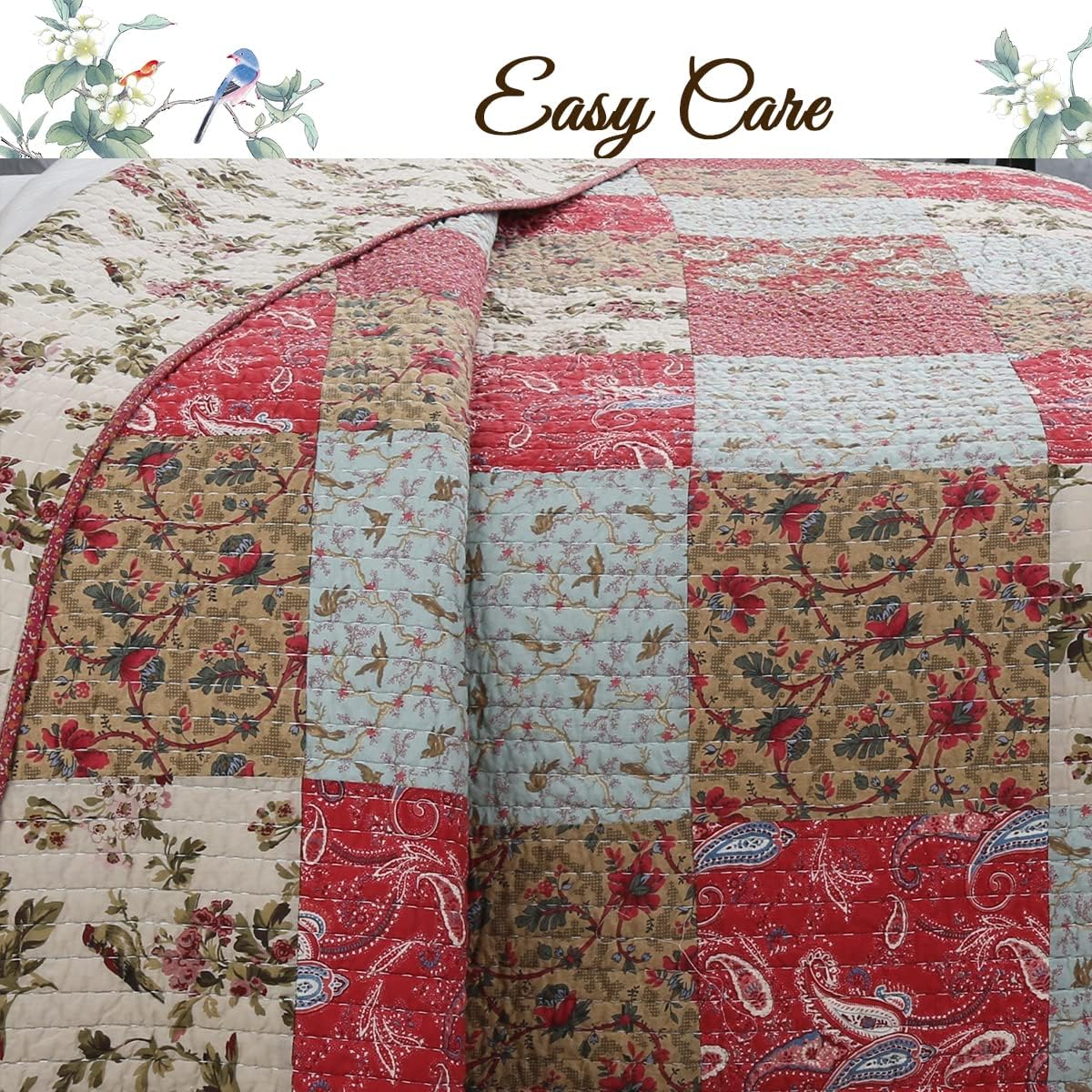 Red Teal Khaki Floral 100% Cotton Reversible Coverlet Bedspread Quilt Bedding Set (Queen - 3 Piece) M70903