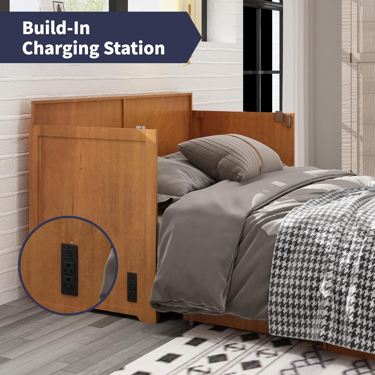 Cherry Murphy Cabinet Bed with Built-in USB Power Strip & 2 Drawers Z938173