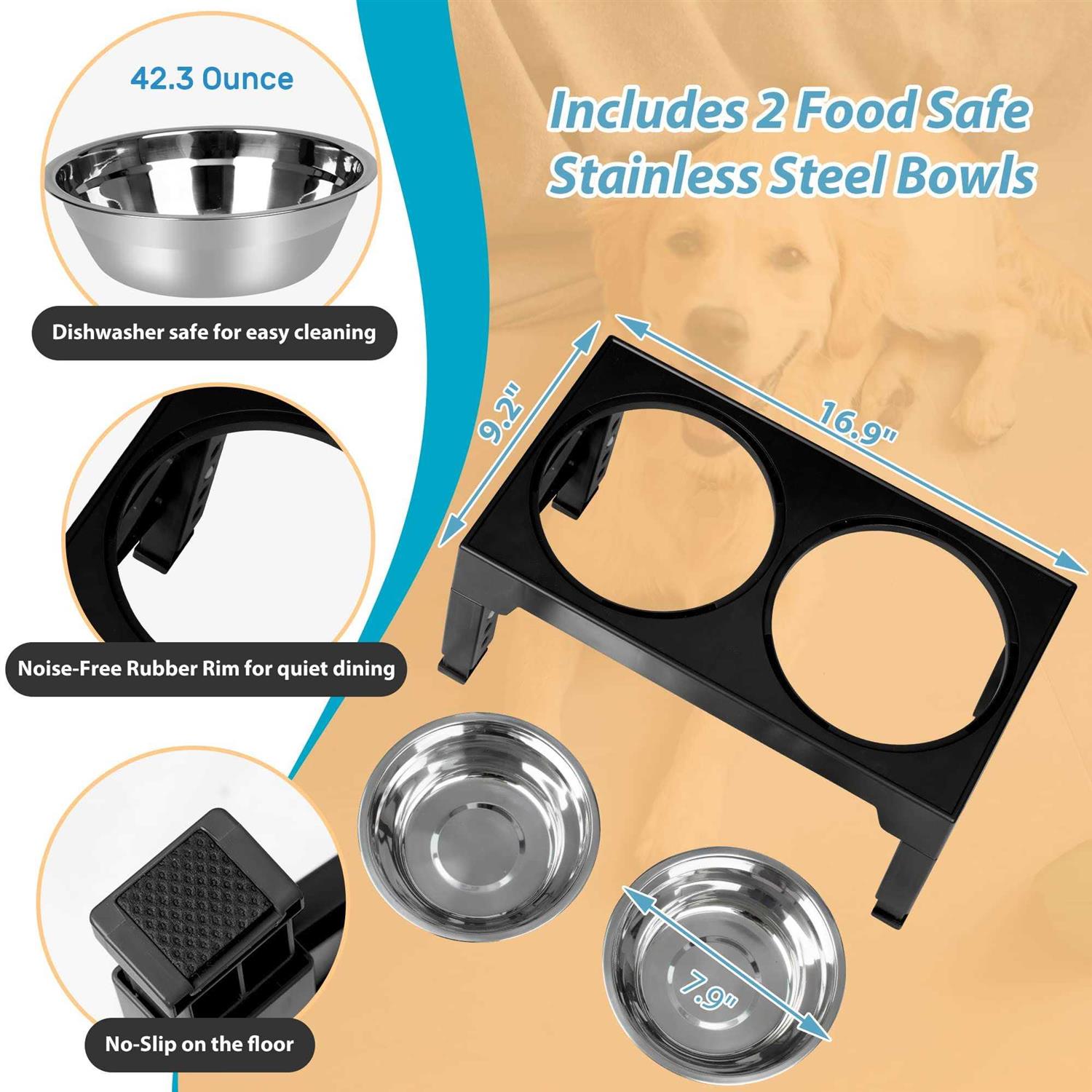 Elevated Dog Bowls with 2 Stainless Steel Dog Food Bowls U91999