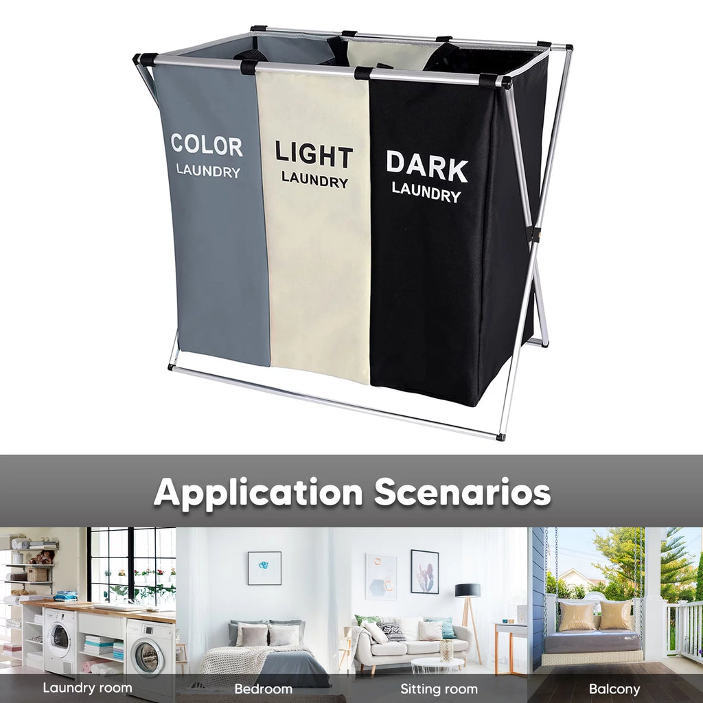 145L Large 3 Section Laundry Basket with Wheels and 3 Removable Bags B2981