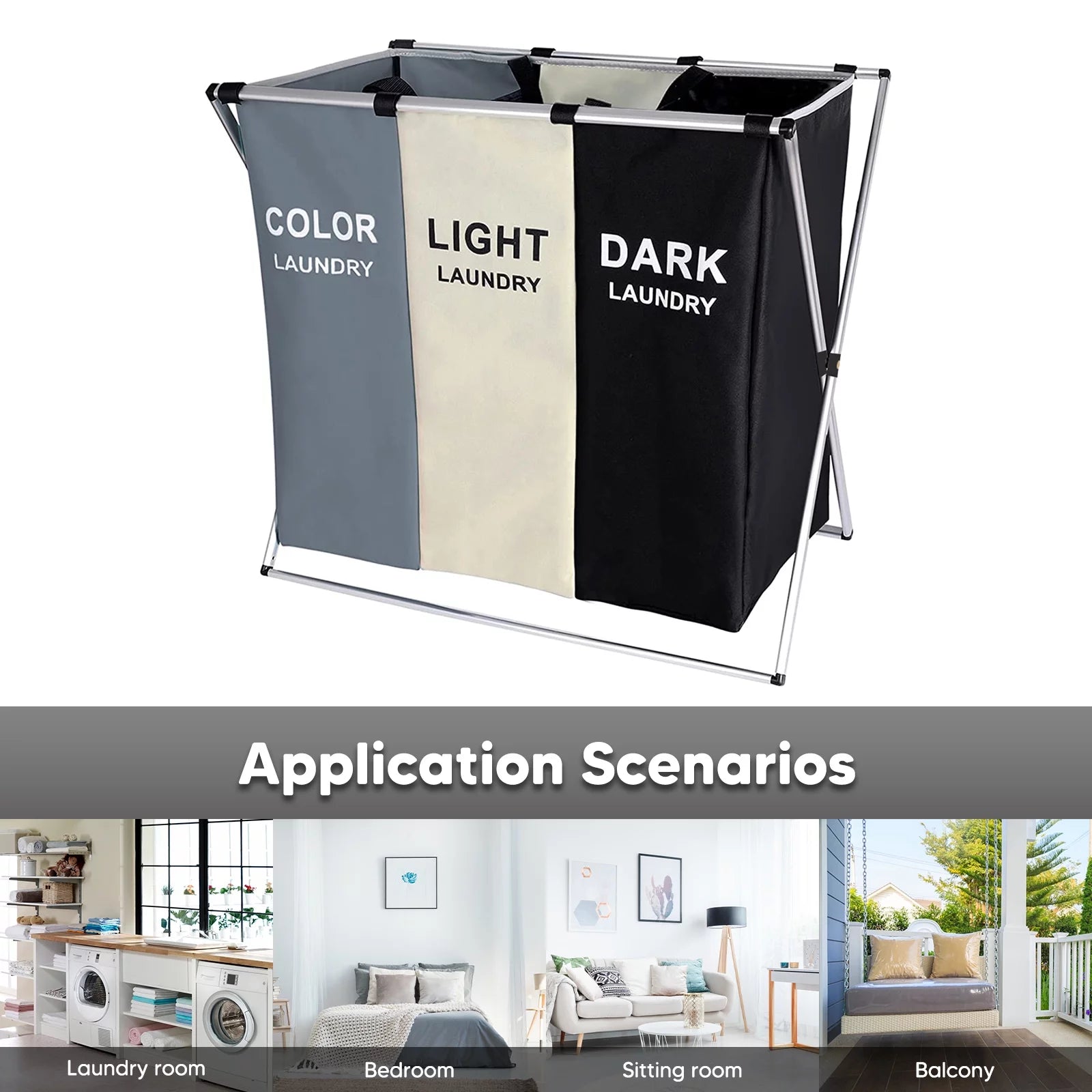 145L Large 3 Section Laundry Basket with Wheels and 3 Removable Bags B2981
