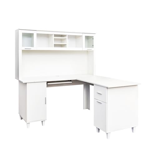 White Corner Desk with Drawers and Shelves L8599