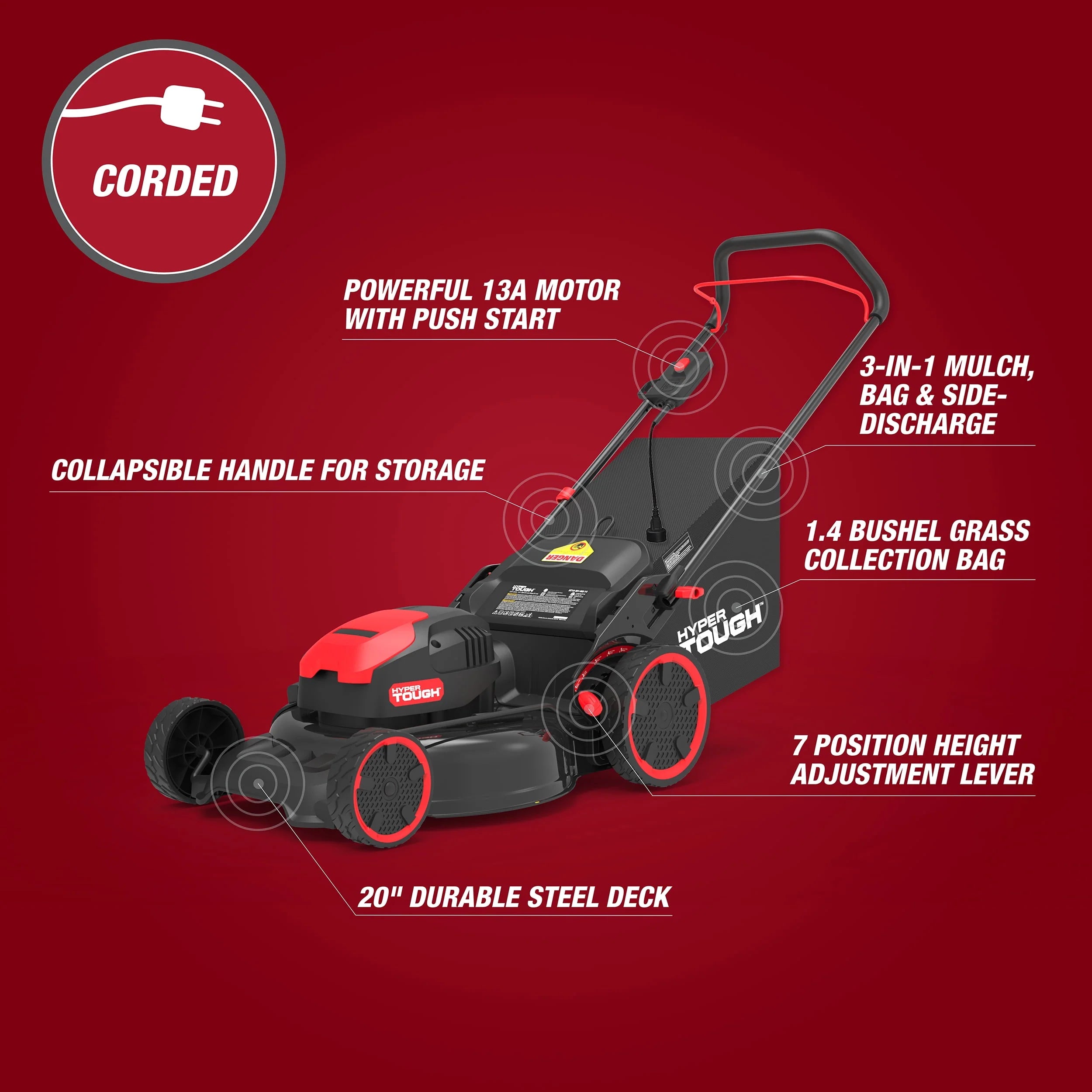 20 13A Corded Electric Push Walk-behind Lawn Mower B673466