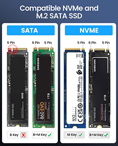 M.2 NVMe SATA SSD Enclosure Adapter Tool-Free, 10Gbps USB C 3.2 Gen2 PCIe NVMe M-Key, 6Gbps M2 NGFF SATA (B+M Key), Aluminum M2 Case Support UASP for 4TB SSD Size 2230/2242/2260/2280 H18061