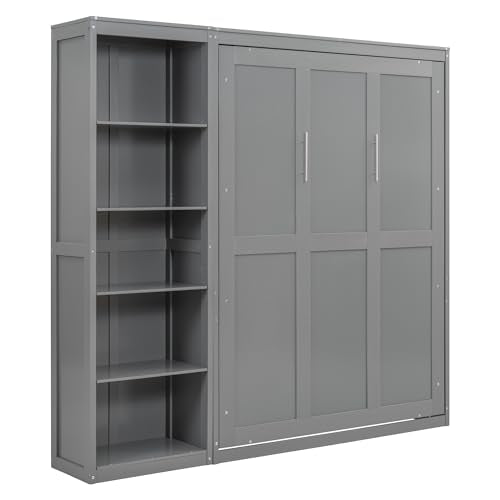 Full Murphy Bed with Storage Bookcase Shelves, Wood Folding Grey Wall Bed Cabinet B589