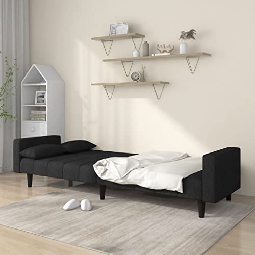 2-Seater Black Fabric Convertible Sleeper Sofa Bed with Two Pillows W50551