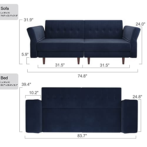 Navy Blue Velvet Memory Foam Futon Sofa M6530