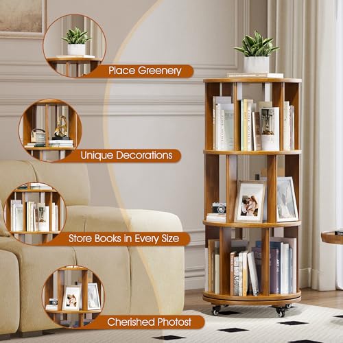 Walnut Solid Wood Rotating Bookshelf with Swivel Wheels O37649
