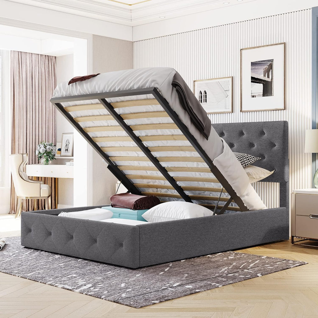 Grey Full Size Upholstered Platform Bed With Storage Y63468