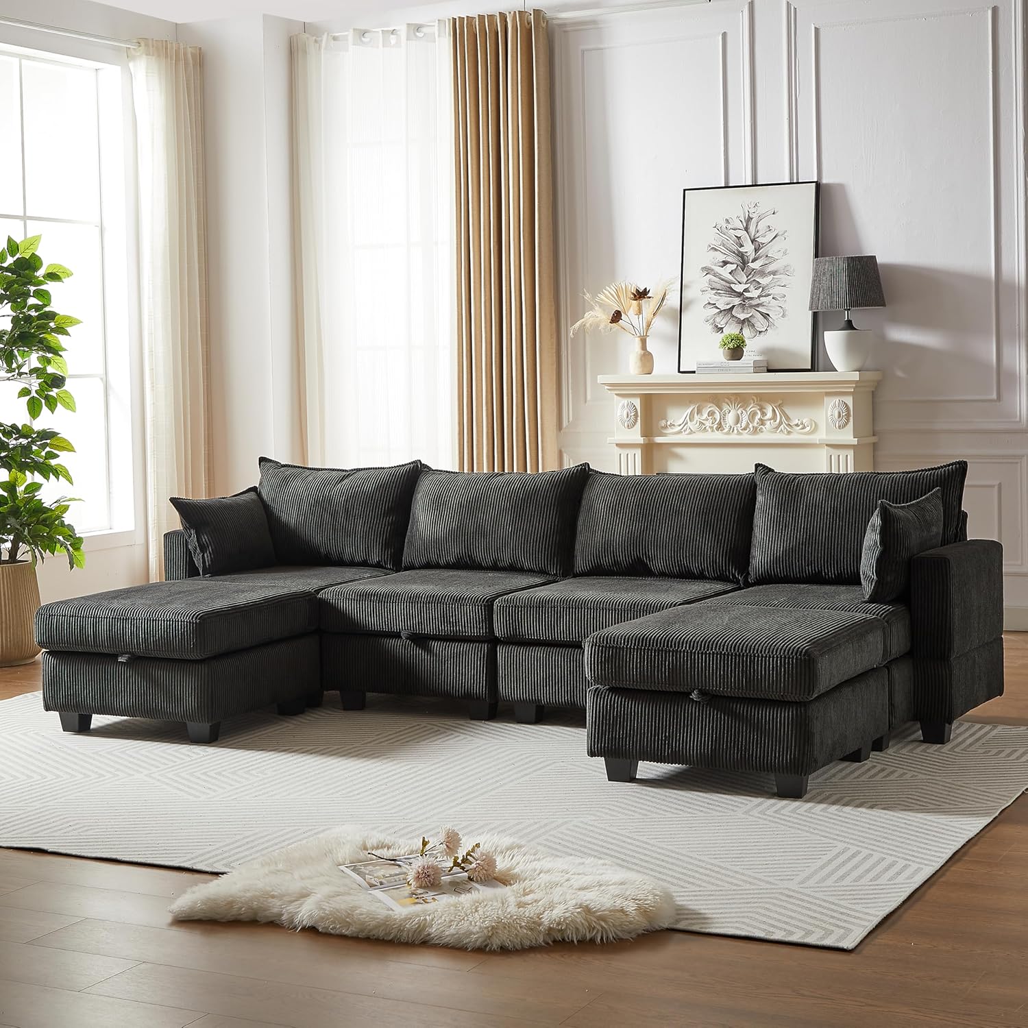 Black Corduroy Modular Sectional Sofa with Storage Y732