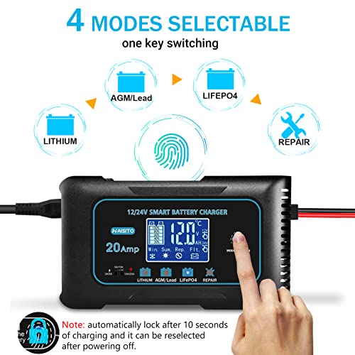 20 Amp Lithium Battery Charger, 12V and 24V Lifepo4, Lead-Acid Portable Car Battery Charger V704