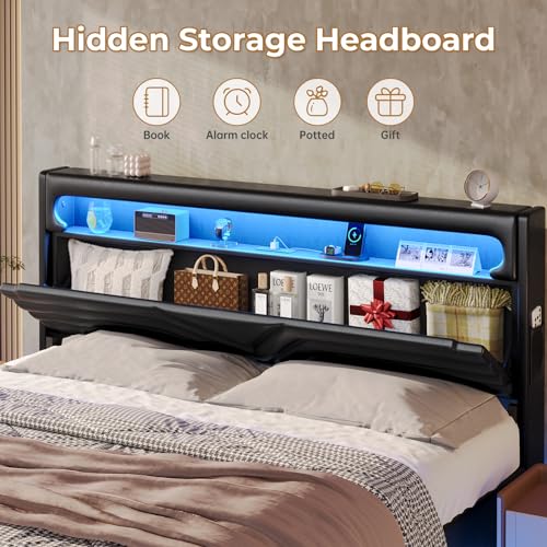 Dark Gray Queen Upholstered Platform Bed with LED Lights and Storage Headboard O377