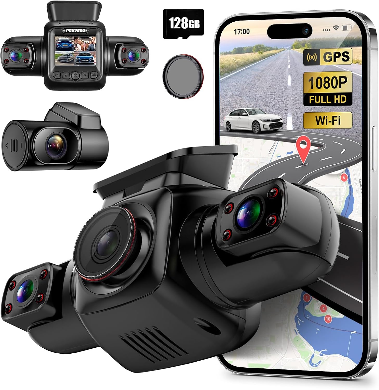360 Degree View 4 Channel Dash Cam with CPL, Built-in GPS WiFi Night Vision, 128G Card A74034