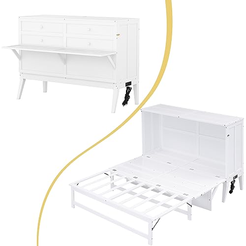 White Queen Size Wood Murphy Bed with Bookcase R27124