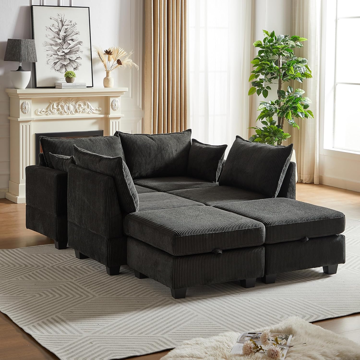 Black Corduroy Modular Sectional Sofa with Storage Y732