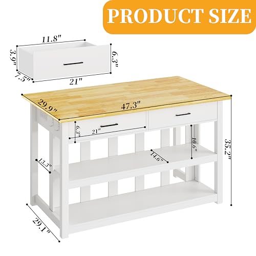 Solid Rubberwood Kitchen Island with Power Outlets, 2 Drawers & Open Shelves (Grey) J869