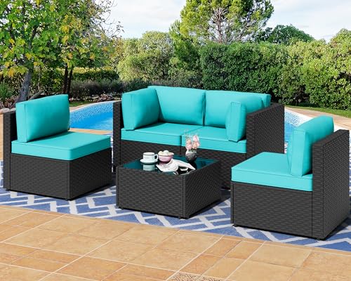 5 Pieces PE Wicker Outdoor Sectional Sofa with Glass Coffee Table K5411
