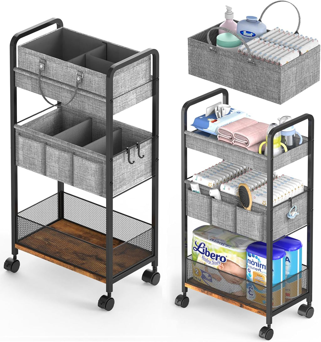 3-Tier Rolling Metal Diaper Cart with Dividers T246518