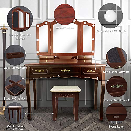 Tri-Folding Mirrors 7 Drawers Makeup Dress Table with Cushioned Stool Espresso E1890