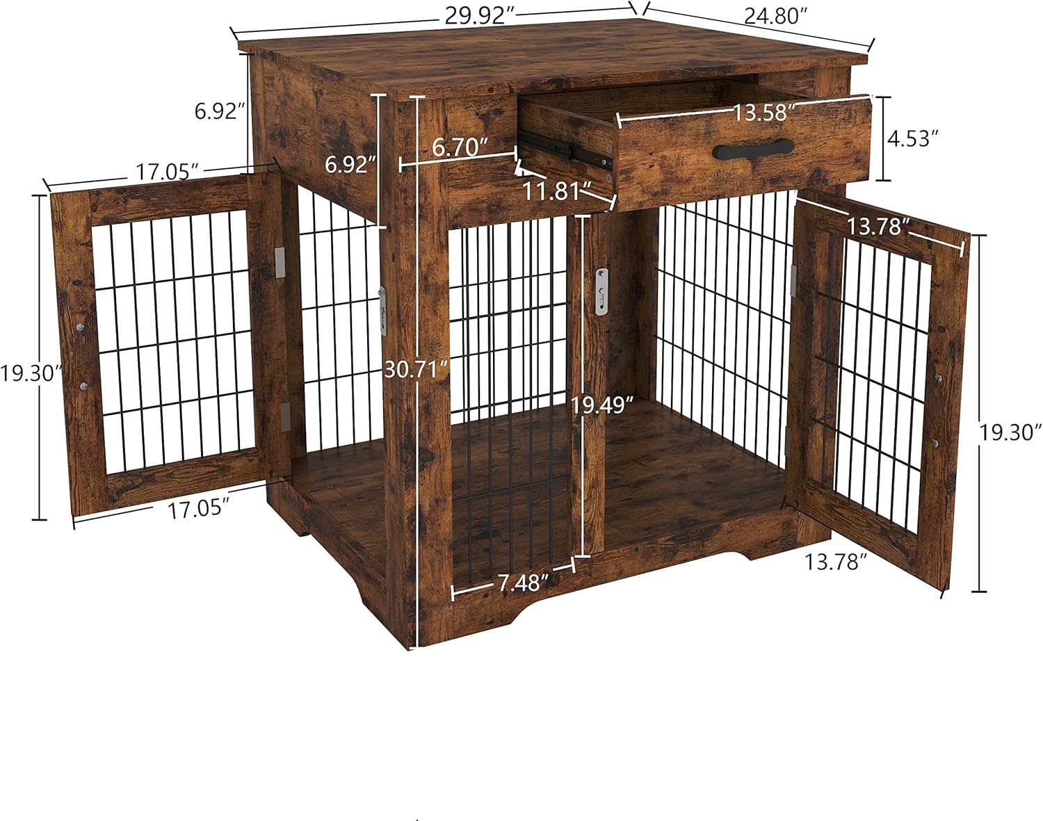 Rustic Brown Dog Crate End Table with Drawer, Double Doors, 29.92in W x 24.8in D x 30.71in H C562