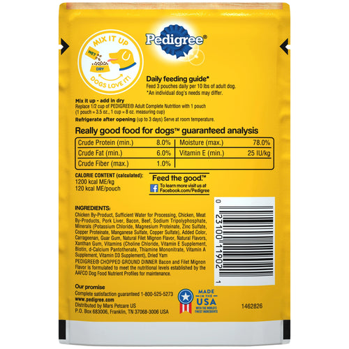 (16 pack) Adult Soft Wet Dog Food Bacon and Filet Mignon Flavor, 3.5 oz Pouch Q743