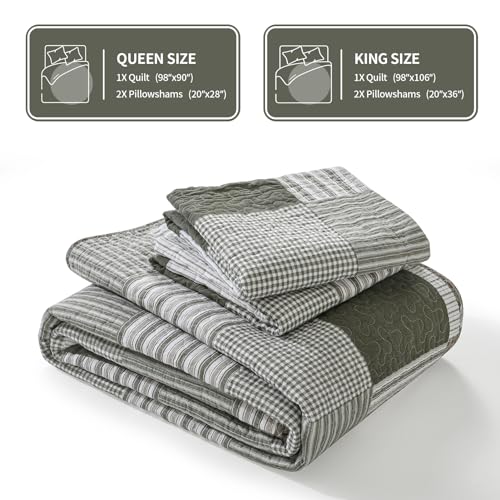 100% Cotton Navy Blue Grey Plaid Queen Size 3 Pieces Quilt V255778