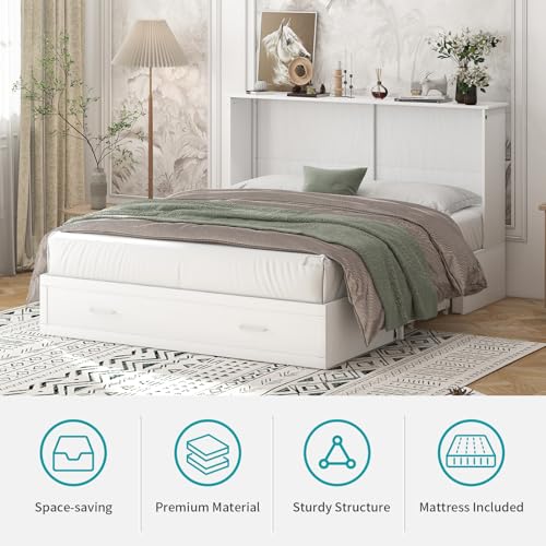 Queen Murphy Bed with Charging Station and Storage Drawers White P130