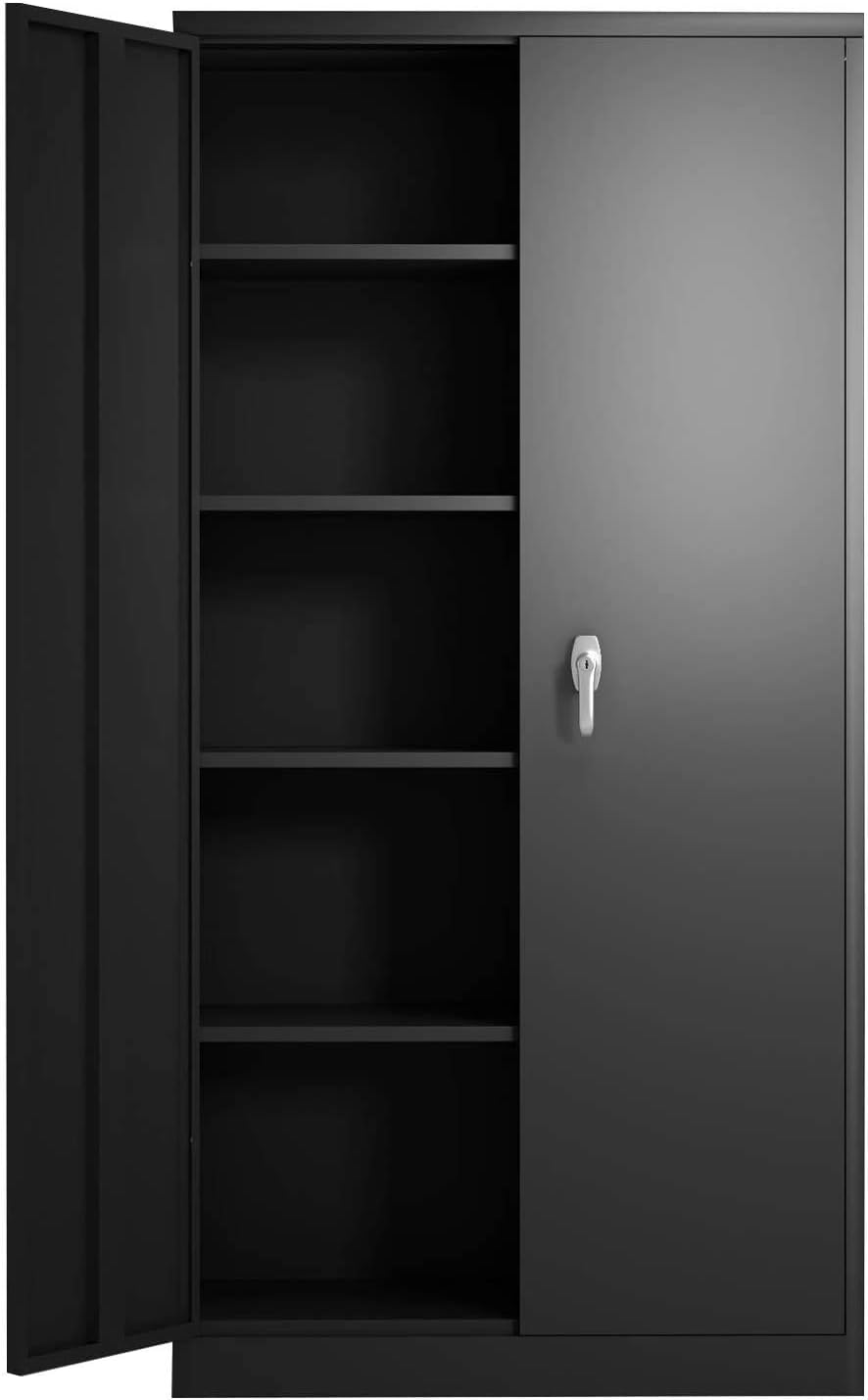 Black Metal Storage Cabinet with Locking Doors and 4 Adjustable Shelves E854