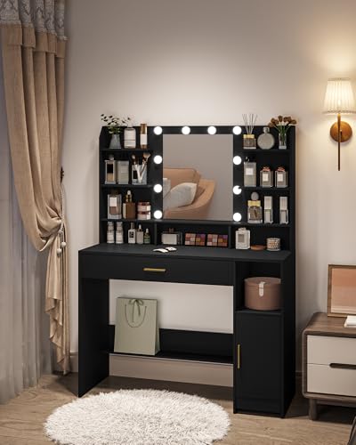 Black Vanity Desk with Mirror and 10 LED Lights T498