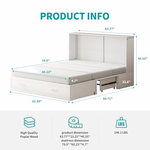 Queen Murphy Bed with Charging Station and Storage Drawers White P130