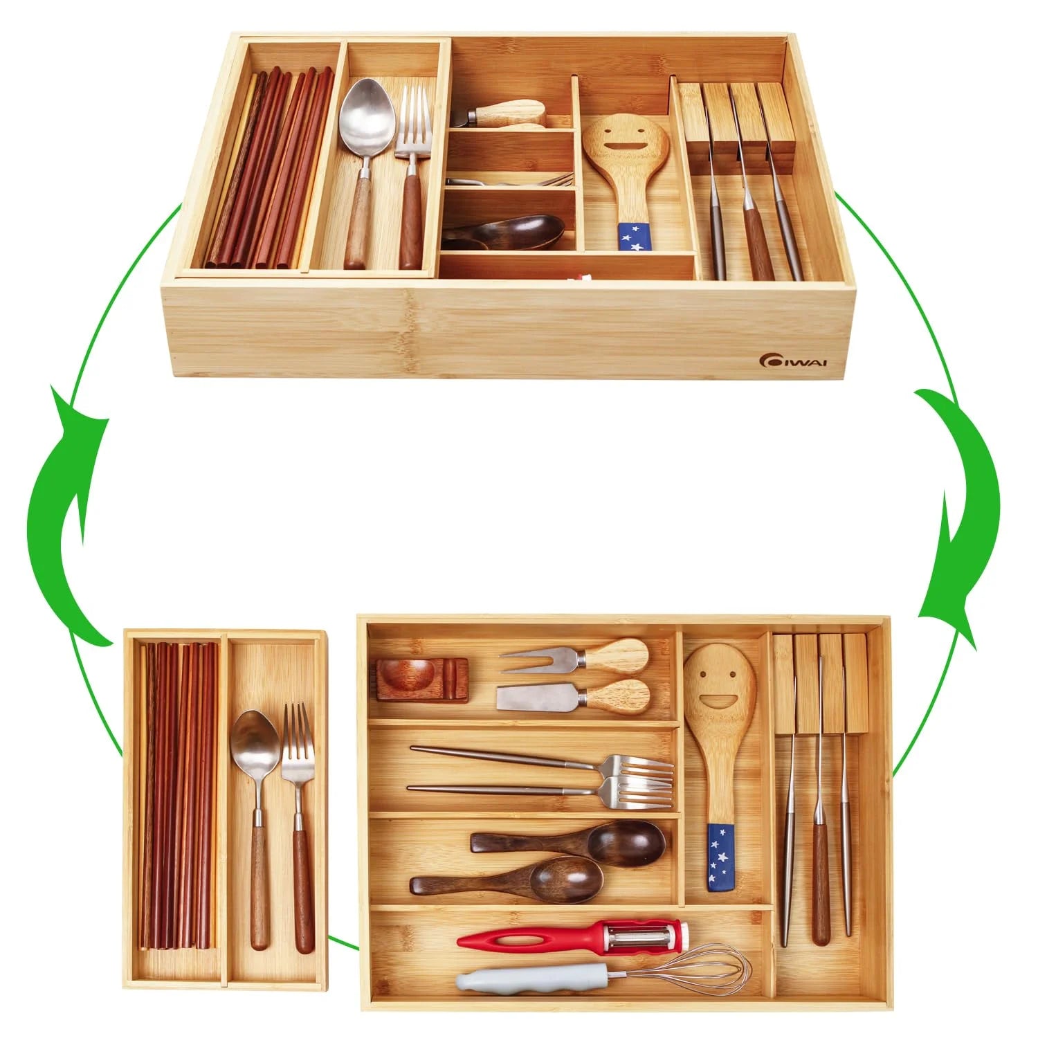 Bamboo Double Layer Kitchen Drawer Organizer with Sliding Tray, Removable Knife Block, Utensil Silverware Cutlery Storage Box, Brown F853