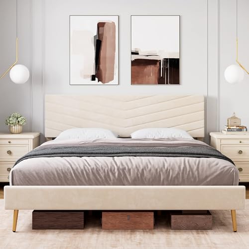 King Size Velvet Upholstered Platform Bed with Adjustable Headboard H463669