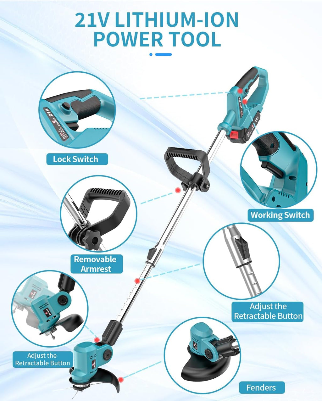 21V Cordless String Trimmer with 6000mAh Battery T7035
