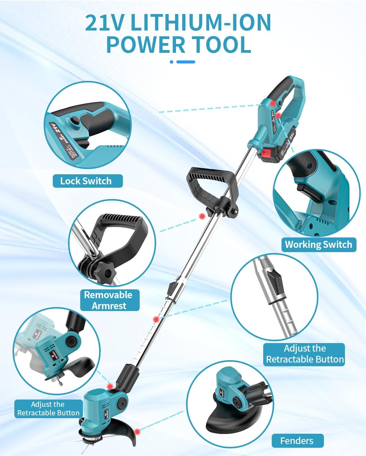21V Cordless String Trimmer with 6000mAh Battery T7035