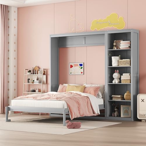 Full Murphy Bed with Storage Bookcase Shelves, Wood Folding Grey Wall Bed Cabinet B589