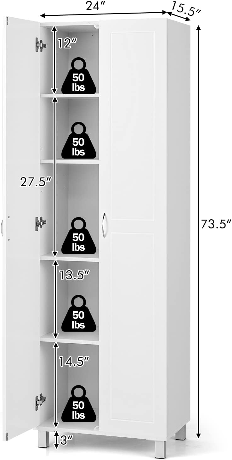 White 2-Door Tall Storage Cabinet with 5 Shelves W27896