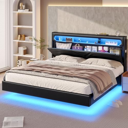 Dark Gray Queen Upholstered Platform Bed with LED Lights and Storage Headboard O377