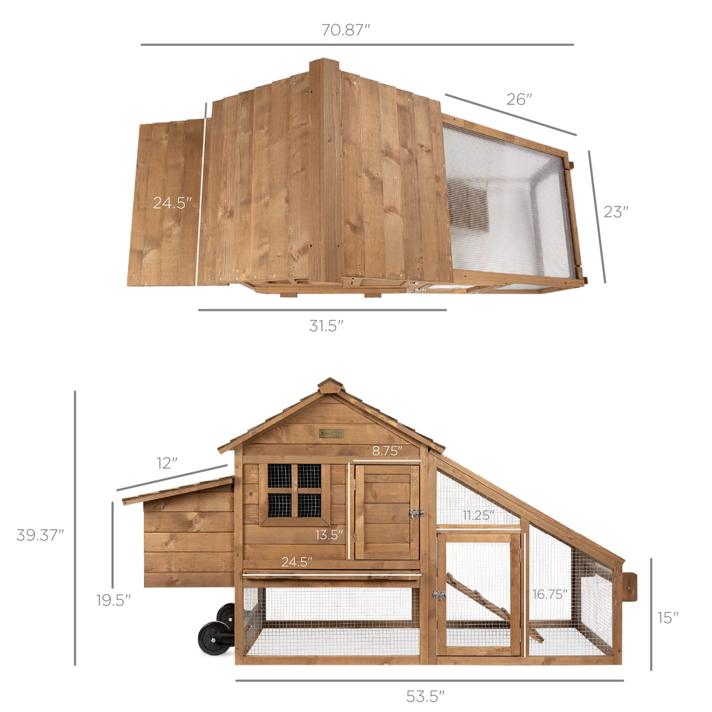 70in Mobile Fir Wood Chicken Coop with Wheels S916
