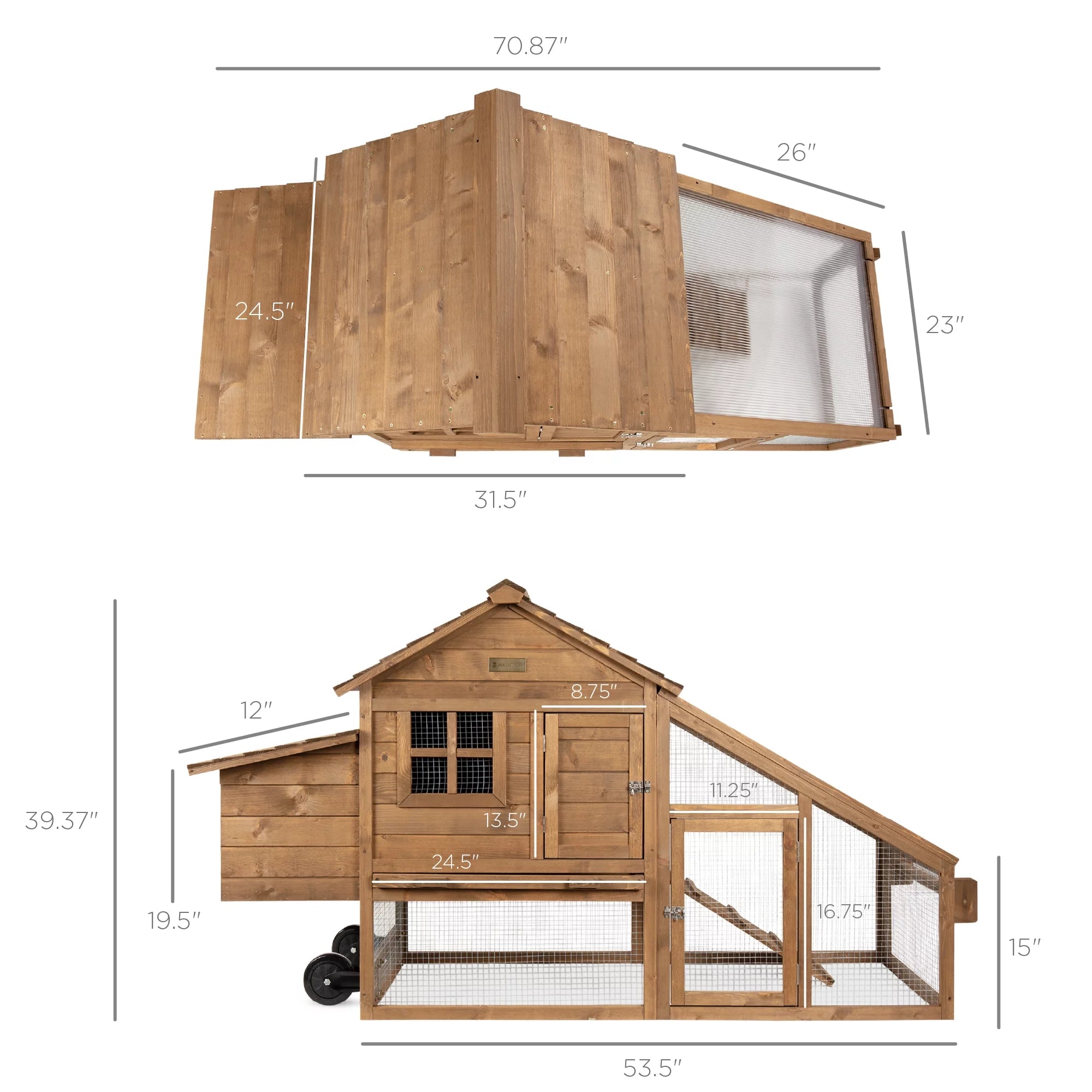 70in Mobile Fir Wood Chicken Coop with Wheels S916