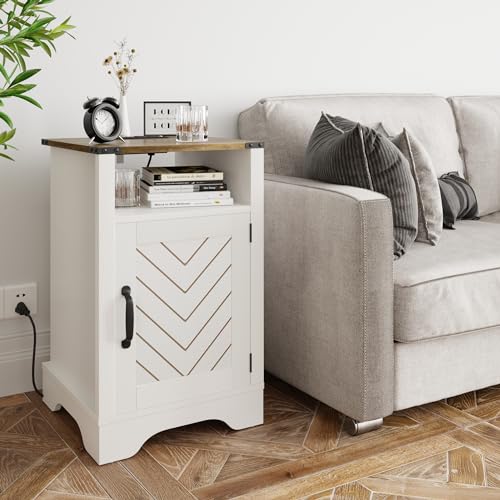 White and Rustic Oak Wooden Nightstand with Shelf G6911