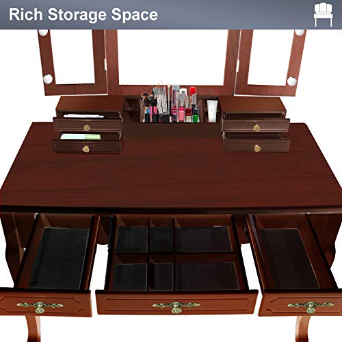 Tri-Folding Mirrors 7 Drawers Makeup Dress Table with Cushioned Stool Espresso E1890