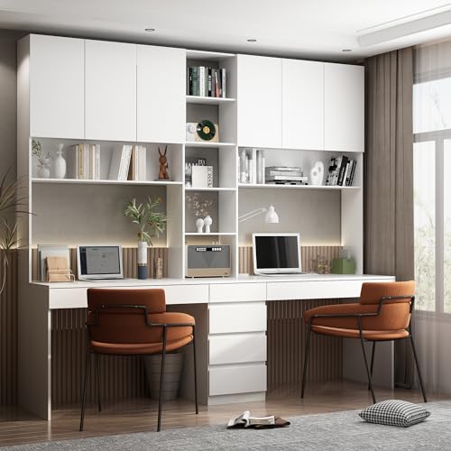 White 94.5" L Computer Desk with 6 Drawers, 15 Shelves & 6 Doors L274