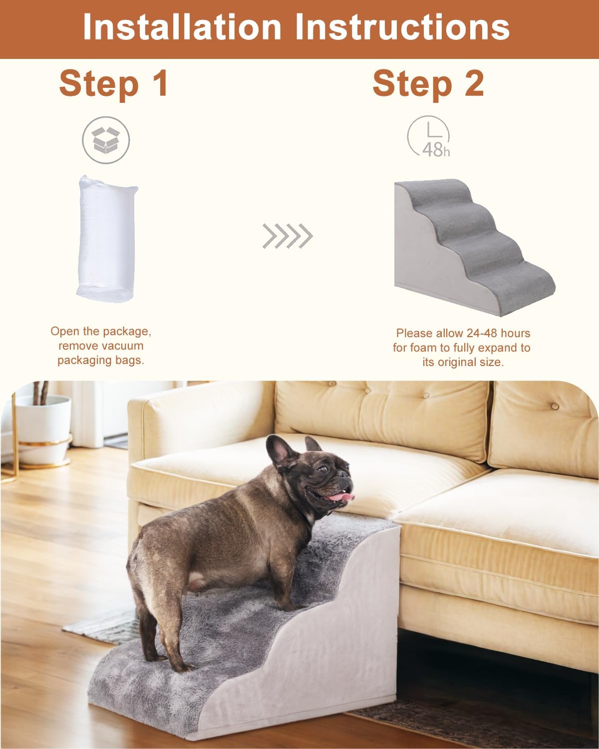 Grey 3-Step High Density Foam Pet Stairs J21908