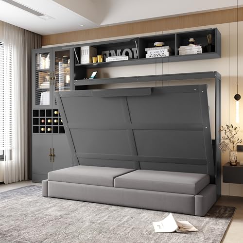 Grey Queen Size Murphy Bed with Sofa and Shelves A256126