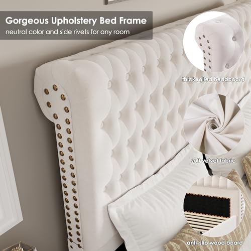 Beige Velvet Upholstered King Size Bed Frame with 4 Under-bed Storage Drawers R343201