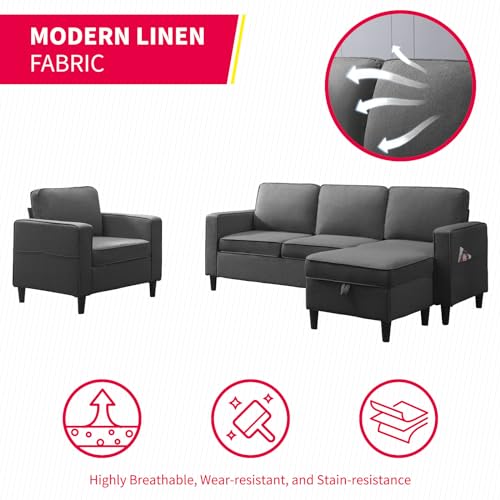 3PCS Linen Upholstered Sofa Set with Side Pockets & Storage Ottoman (Dark Grey) J69317